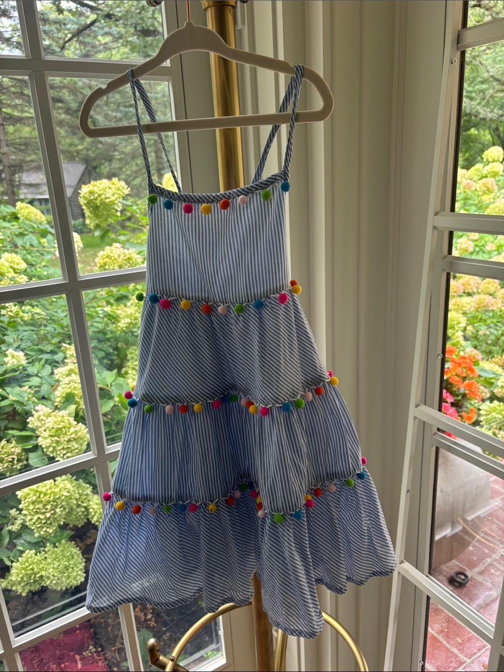 Blue Stripe Pom-Pom Tiered Sundress for Girls
